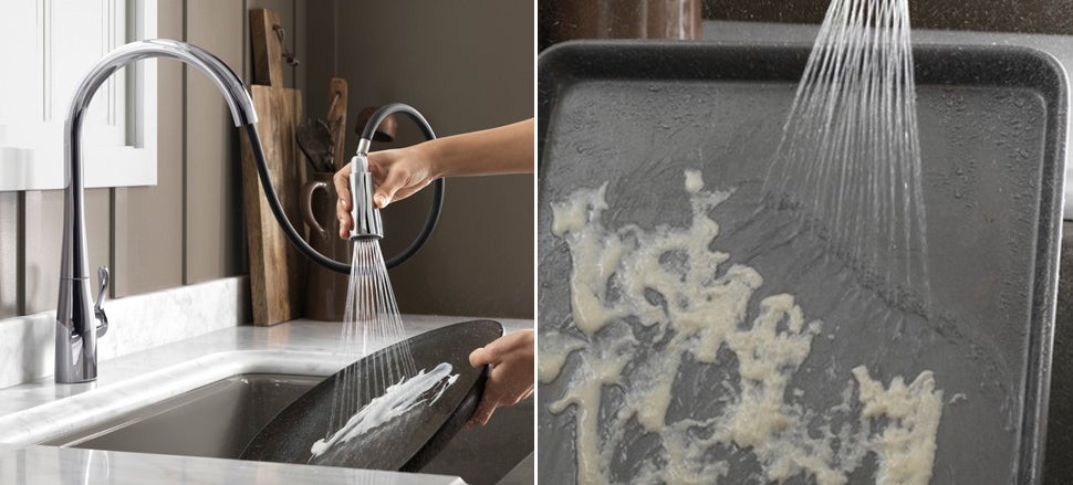 This Faucet Sprayer's Flat Blade of Water Scrapes Dishes Clean
