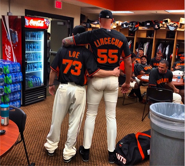 Tiny Person Tim Lincecum And Large Person Kameron Loe Traded Uniforms