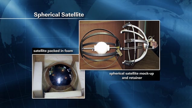 Spacewalking cosmonauts heave a 20-pound metal ball into Earth orbit