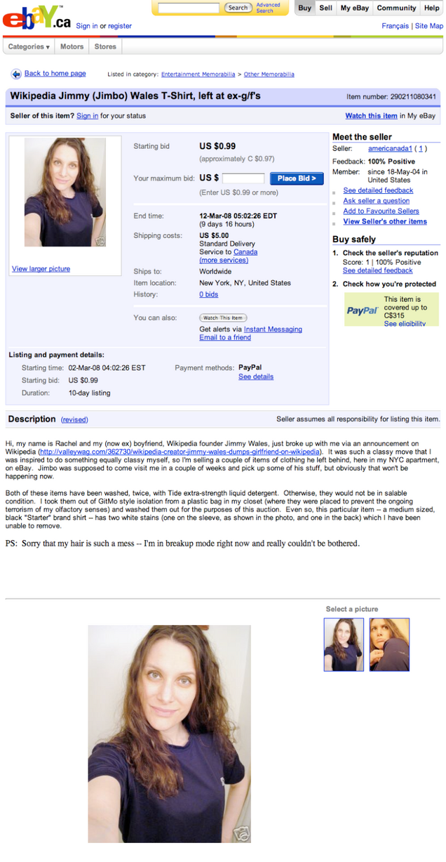 Wikipedia guy's ex-girlfriend auctions his clothes on eBay