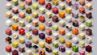 This is a real photo of different types of food cut into identical cubes