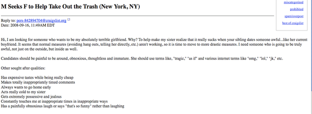 Male Seeks Awful, Awful Female to Annoy His Sister