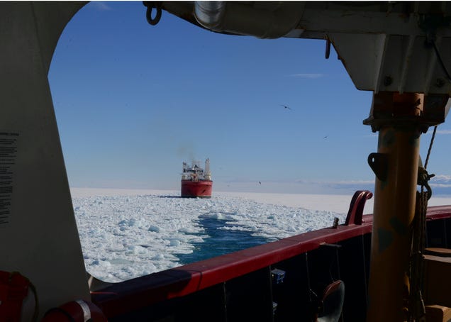 A Mammoth Ice Breaker Frees a Ship Trapped In the Frozen Ocean