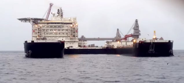 This is now Earth's largest ship—so big it can lift oil rigs off the sea