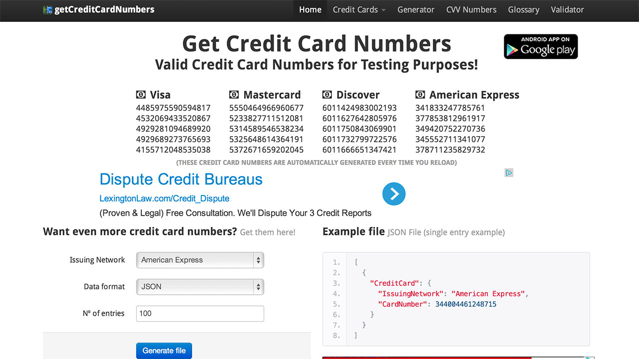 fake debit card number that works