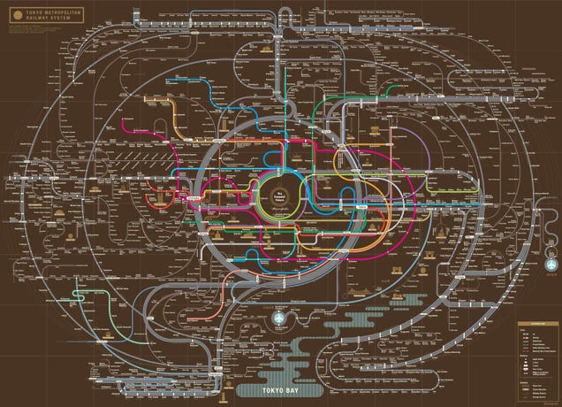 A beautiful map of Tokyo's extremely complex subway and railway system