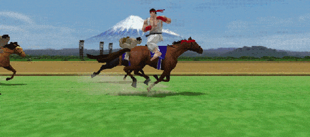 Sim, existe um jogo de corrida de cavalos com personagens de Street Fighter e lutadores de sumô