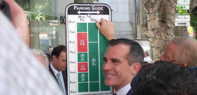 A parking sign prototype, featuring a red/green-shaded grid of dates/times.