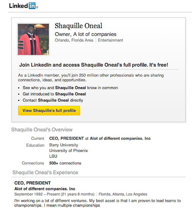 We Should All Aspire To Have A LinkedIn Profile Like Shaq's