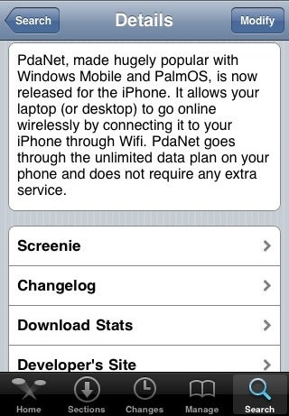 Fire up your jailbroken iPhone and launch the Cydia application from your homescreen. Tap the search tab, then do a quick search for PdaNet.