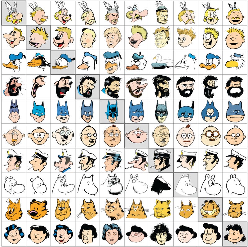10 iconic characters each drawn in the style of 10 famous cartoonists