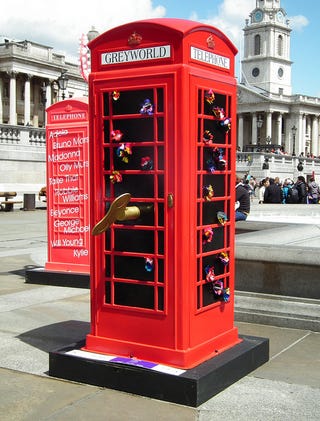 Artsy alternate universe TARDISes decorated with leopard spots and disguised as Big Ben