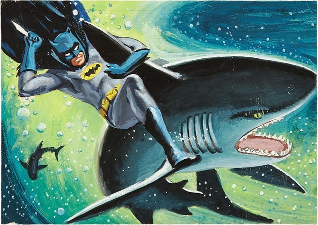 The Dark Knight rides a shark in bondage-crazy 1960s Batman art