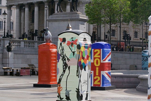 Artsy alternate universe TARDISes decorated with leopard spots and disguised as Big Ben