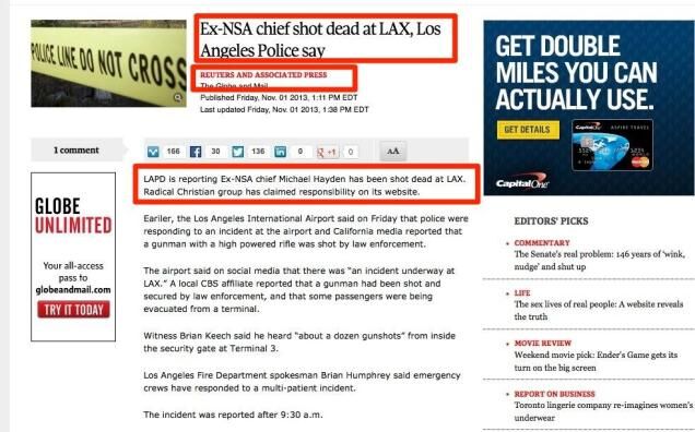 Globe and Mail Falls for Hoax that Michael Hayden Shot Dead at LAX