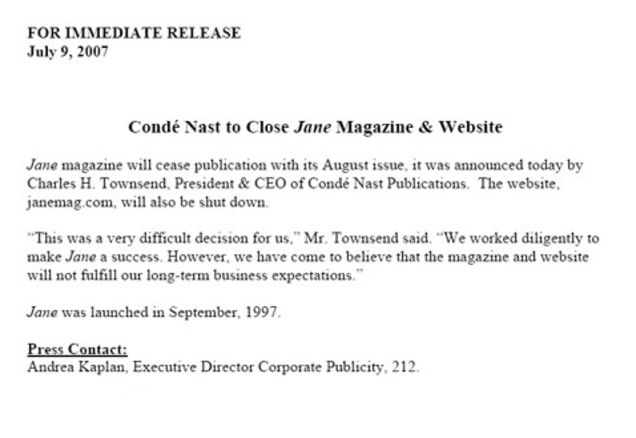 'Jane' Magazine Gets Jettisoned: The Meaningless Memos