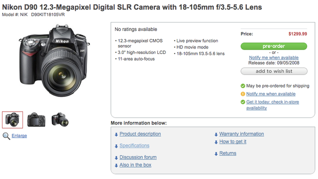 Nikon D90 Available For Pre-Order From Circuit City, HD Movie Mode Confirmed