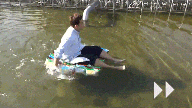 College Students Float on Bags of Potato Chips