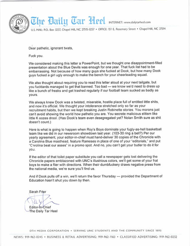 "Dear Pathetic, Ignorant Twats": The Duke/UNC War Of Words Heats Up