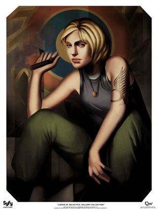 The ladies of Battlestar Galactica, painted in the styles of Klimt, Lichtenstein, and more