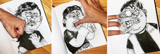 Fun illustrations of a cartoon fighting his creator