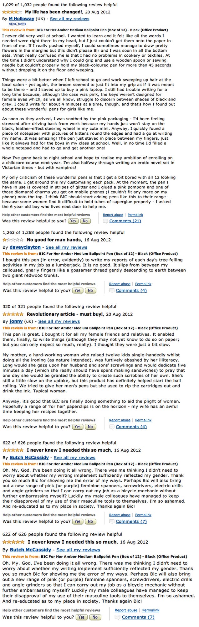 Hilarious Amazon Reviewers Take on Bic's Stupid, Sexist 'For Her' Women's Pens