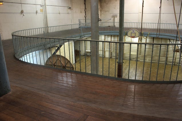 The world's oldest basketball court has iron poles in the middle of it