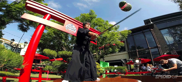 Modern day samurai slices up fruit in real life with a long sword