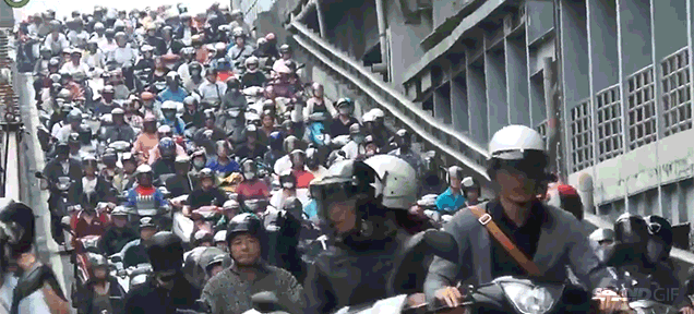 Insane scooter traffic on a highway ramp in Taiwan