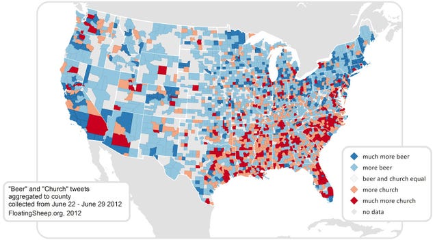 Tweets of the words "beer" and "church" by U.S. county
