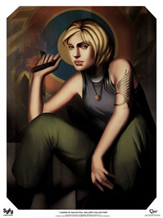 The ladies of Battlestar Galactica, painted in the styles of Klimt, Lichtenstein, and more