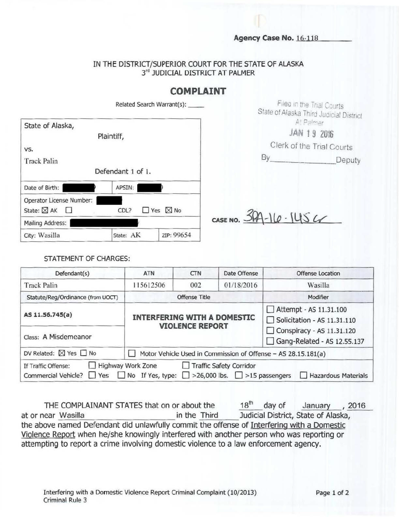 Here Is Track Palin’s Domestic Violence Police Report