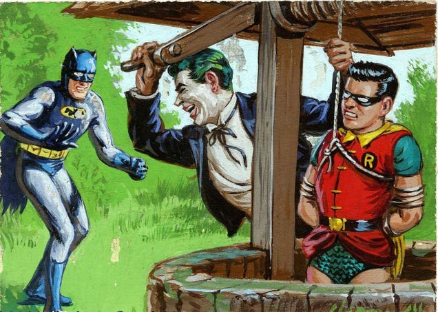 The Dark Knight rides a shark in bondage-crazy 1960s Batman art