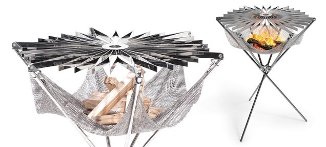 This Folding Origami Grill Has a Metal Mesh Hammock For Firewood