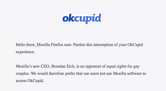 OKCupid Website Blocks Firefox Because of Mozilla CEO&#39;s Anti-Gay Beliefs