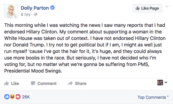 Dolly Parton Endorses Dolly Parton For President