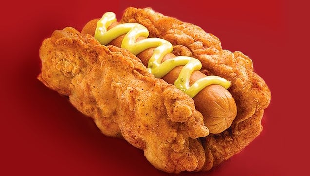 KFC's Double Down hot dog is a sausage wrapped in a fried chicken bun
