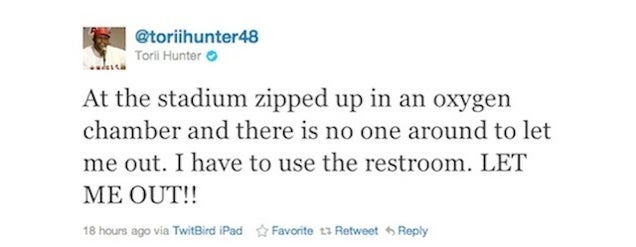 Torii Hunter Gets Trapped In An Oxygen Chamber, Pisses In a Bottle, Tweets