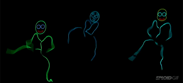 Seeing glow in the dark human stick figures do trick shots is so fun