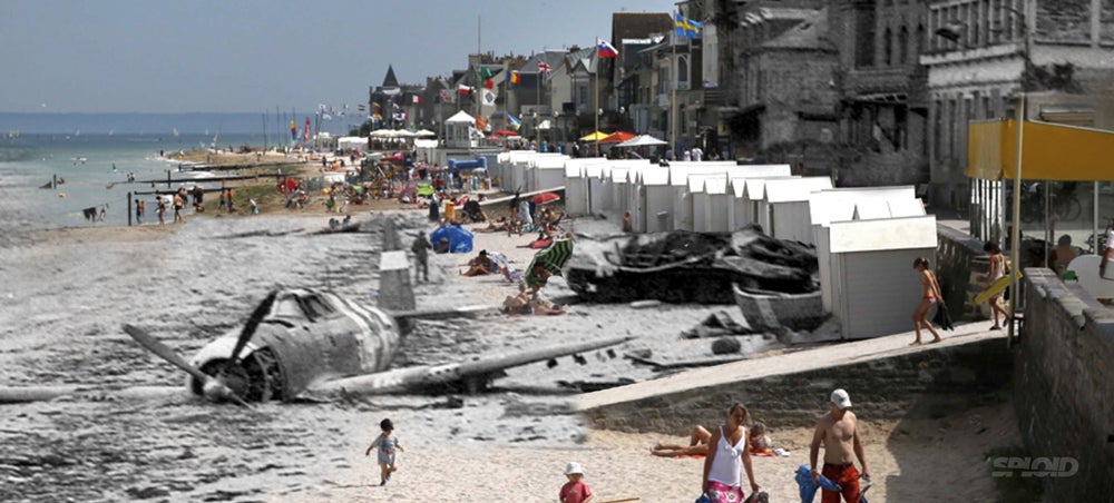 D-Day battle images merged with photos of tourists on the same spots