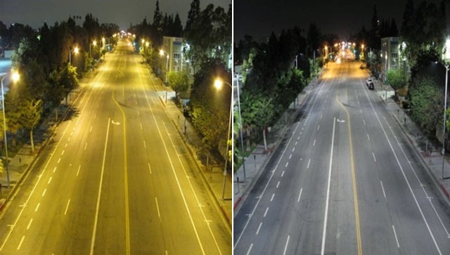 Difference in LED vs. high-pressure sodium streetlights.