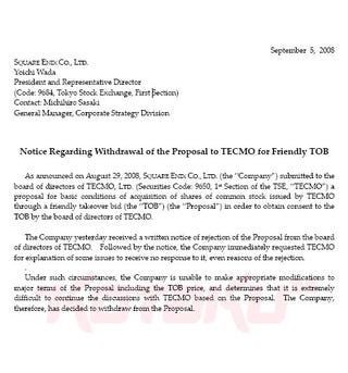 Square Enix Takes "No" For An Answer, Withdraws Takeover Offer