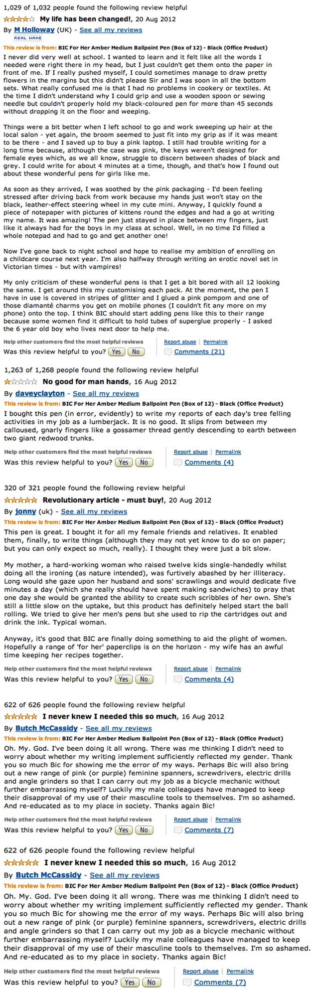 Hilarious Amazon Reviewers Take on Bic's Stupid, Sexist 'For Her' Women's Pens