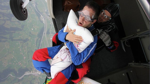 Pure Nerd Insanity: Two Men Skydiving with a Girly Hug Pillow