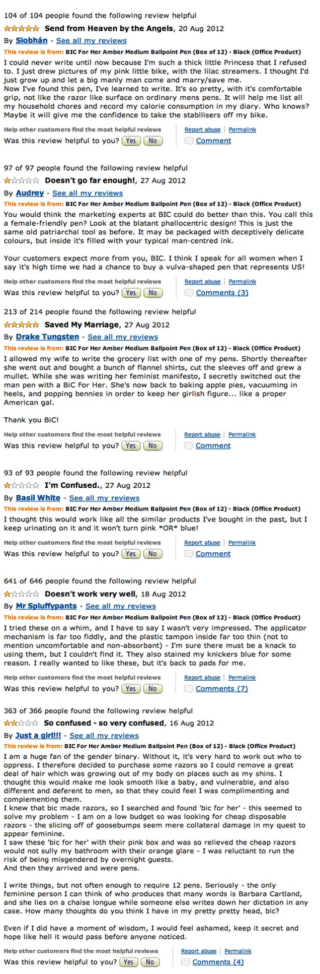Hilarious Amazon Reviewers Take on Bic's Stupid, Sexist 'For Her' Women's Pens