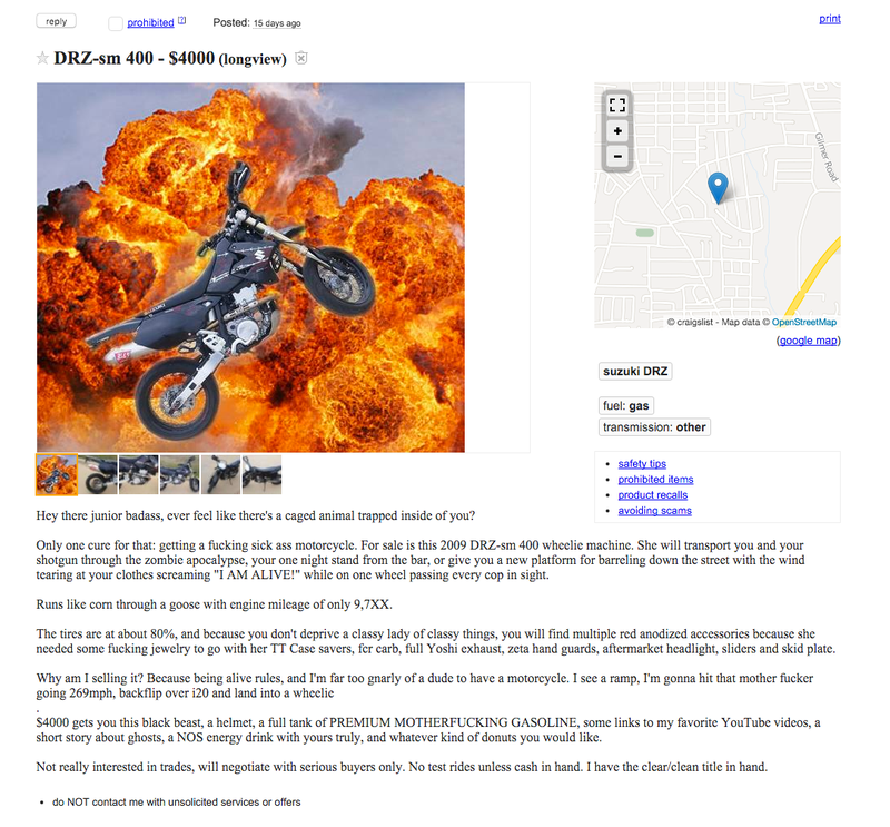 Buy This Craigslist Suzuki Supermoto Because It's A Great Bike And A Better Ad