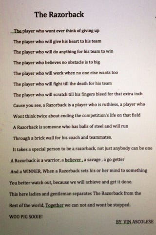 Incoming Arkansas Freshman Writes "Sonnet" On What It Means To Be A Razorback