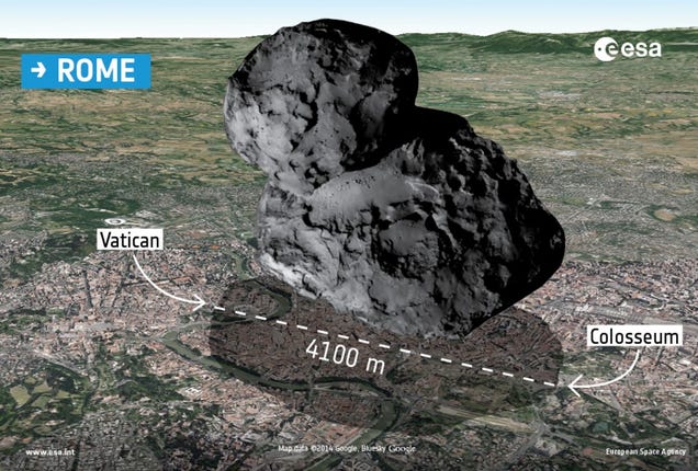 A size comparison of the comet 67P with popular sci-fi spaceships