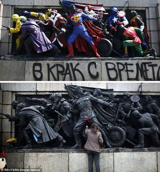 Bulgarian street artists turn Soviet war memorial into Superman, Wolverine, and other superheroes