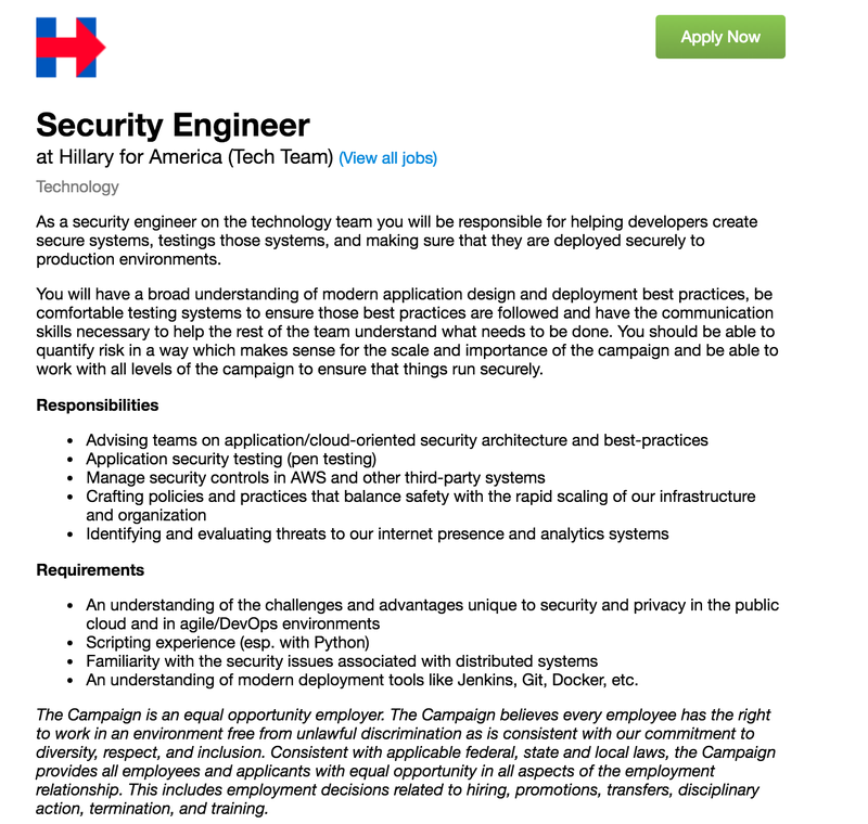Amazing Job Opportunity: Be Hillary's Security Engineer!